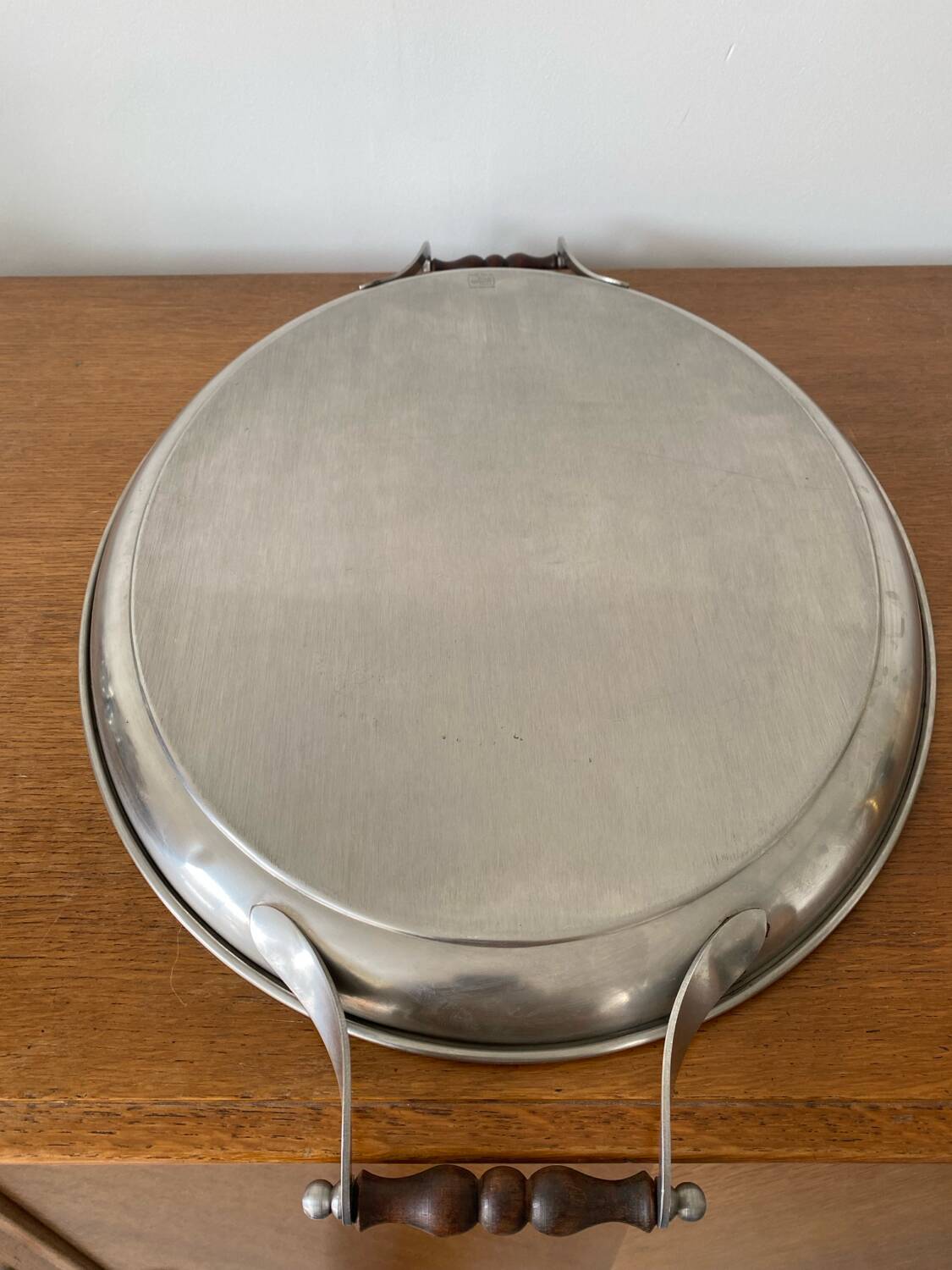 Old jean couzon serving tray stainless steel metal + vintage wooden handles #c