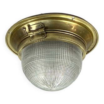 Holophane glass and brass ceiling light, transparent old light fixture LAMP-7228