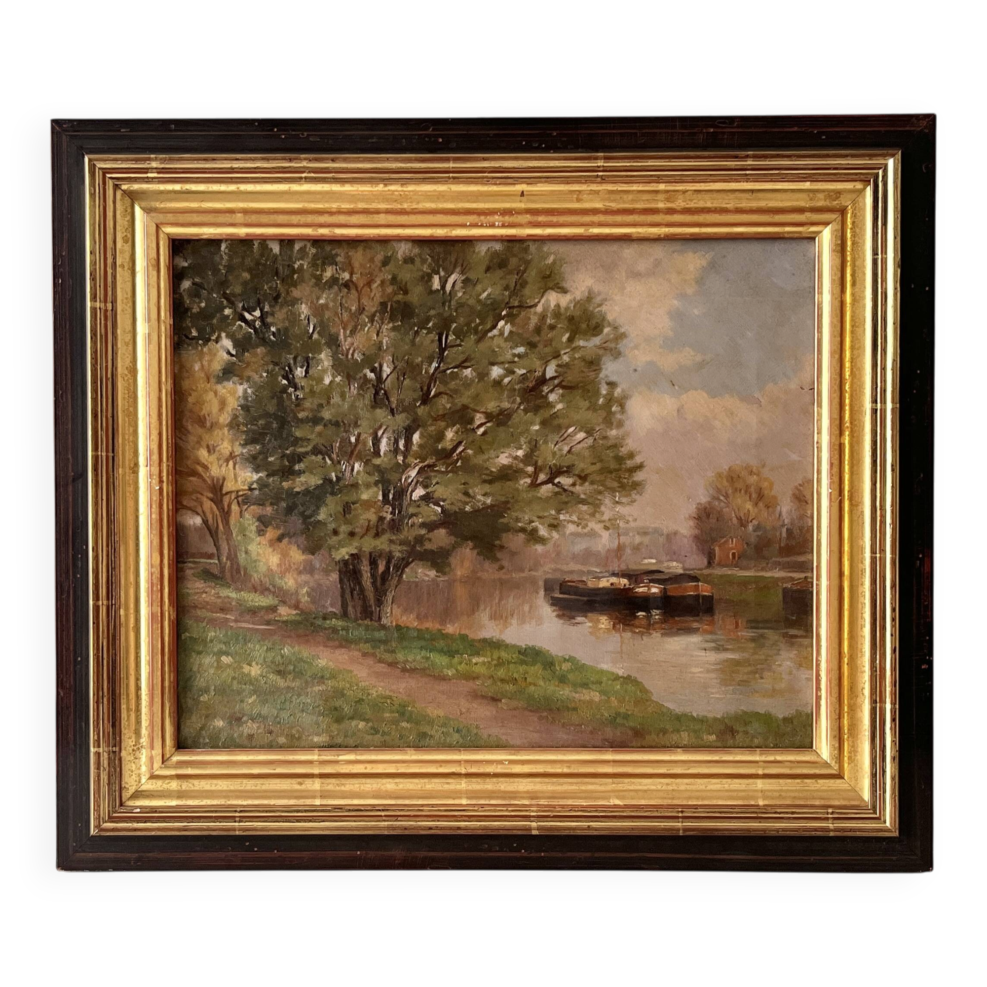 Authentic oil on canvas of a landscape with barges, view of the Seine.