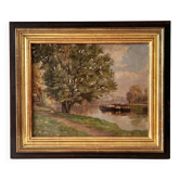Authentique huile sur toile d'un paysage aux péniches, vue de seine