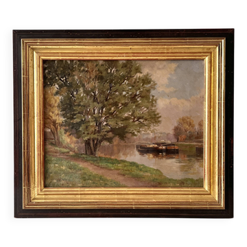 Authentic oil on canvas of a landscape with barges, view of the Seine.
