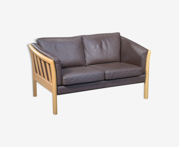 Danish brown leather two seater sofa with wooden frame