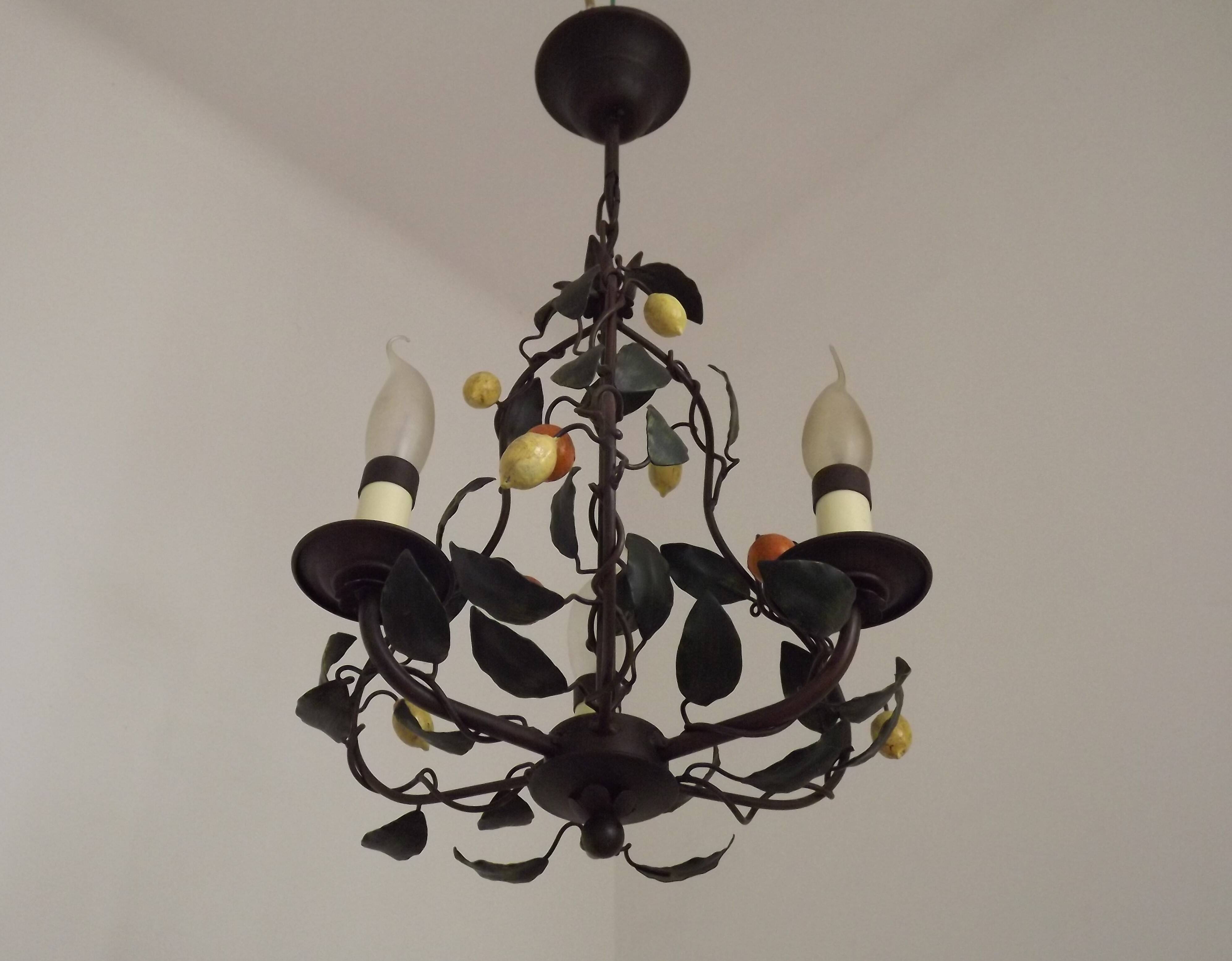 Lustre français à 3 lumières, brun clair, avec feuilles vertes, citrons et oranges 5473
