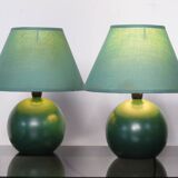 Pair of small green wooden ball lamps