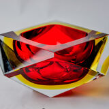 Cendrier Sommerso rouge et jaune par seguso, verre facetté, murano, italie, 1970