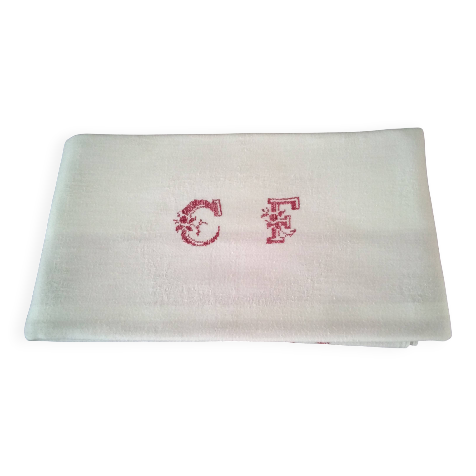 Nappe ancienne en coton damassé Linteaux rouges et monogramme CF 1.18 x 1.3
