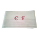 Antique damask cotton tablecloth with red border and CF monogram, 1.18 x 1.3
