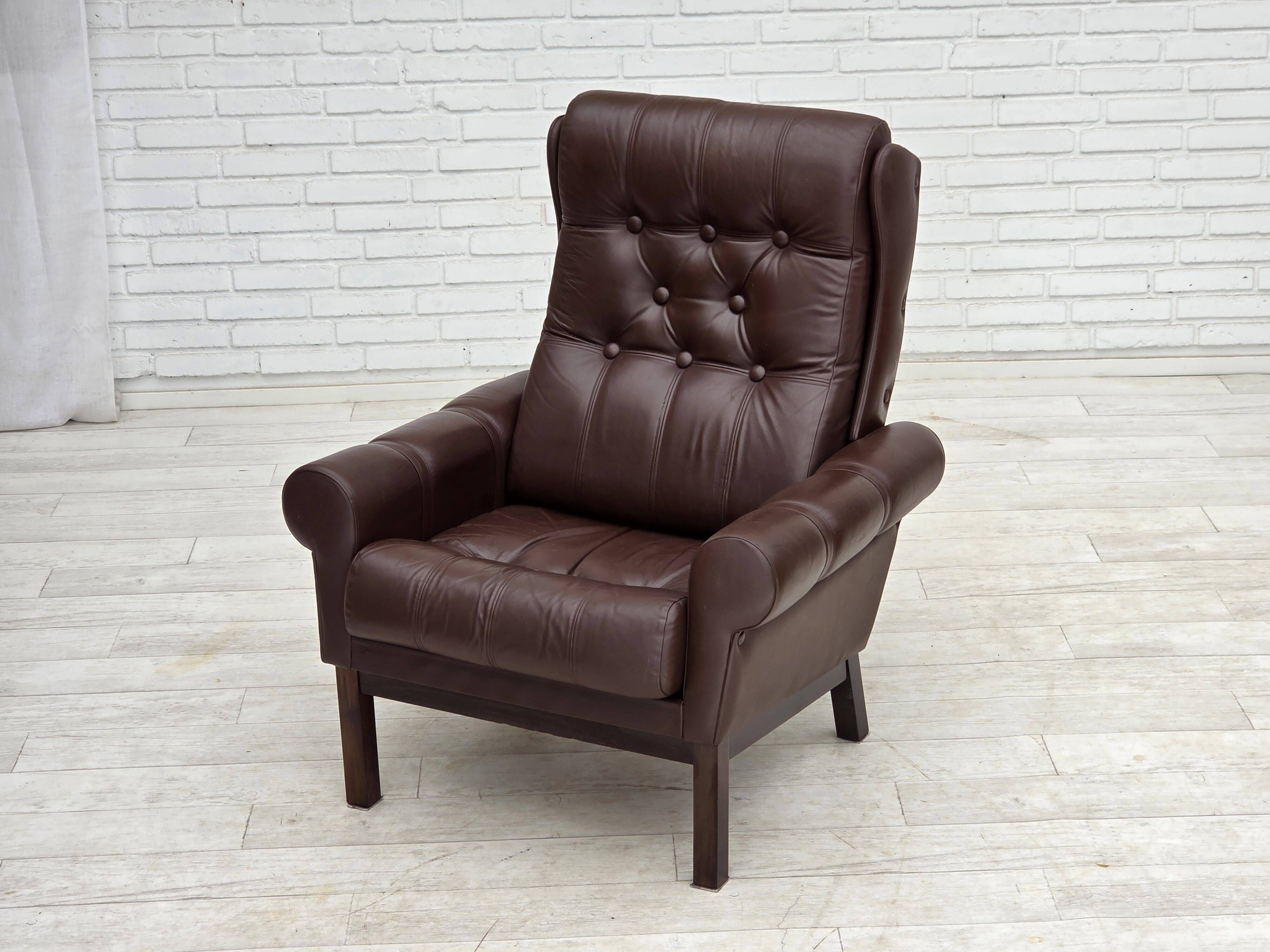 1970s, Danish armchair, original brown furniture leather.