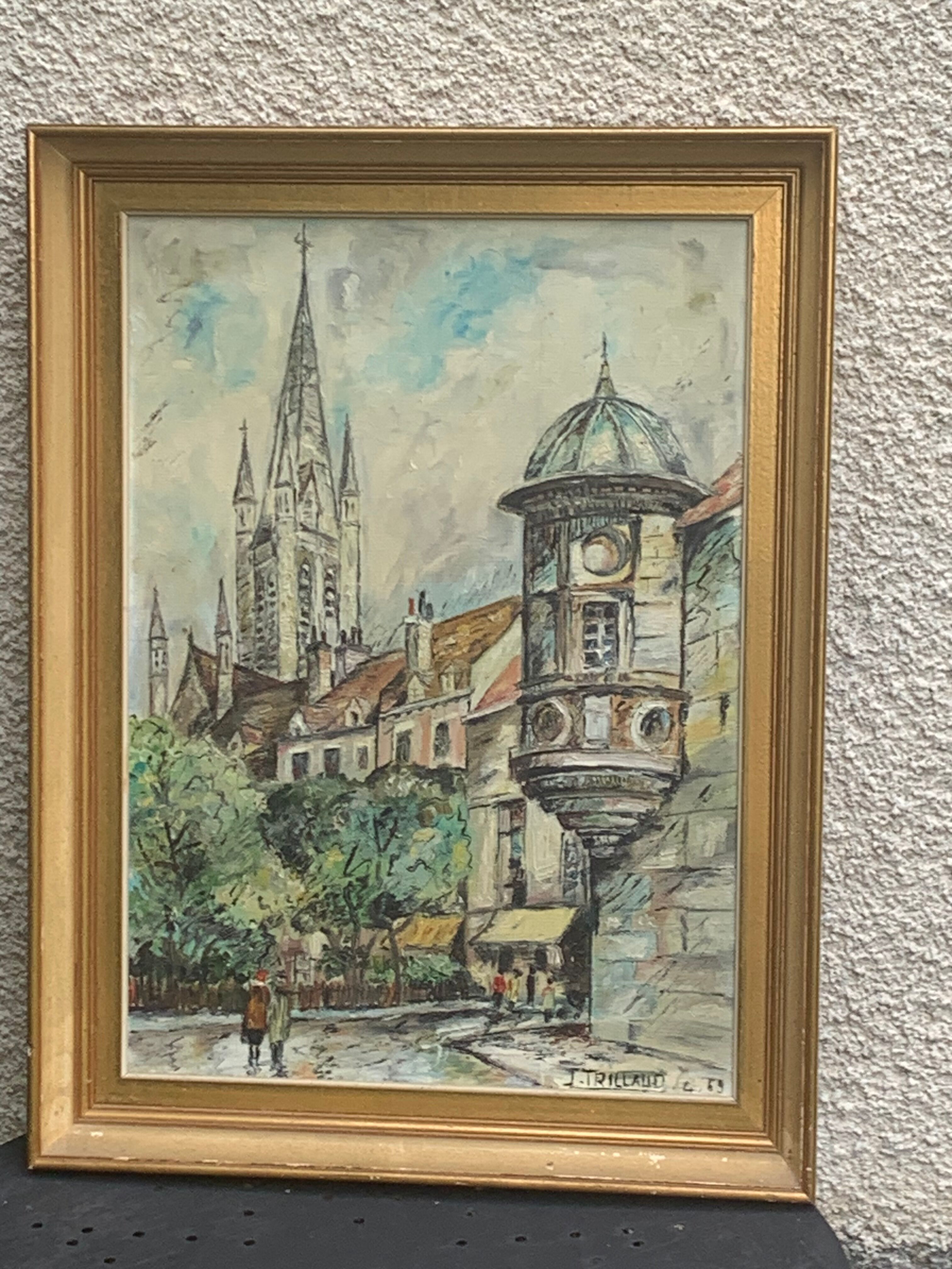 Painting signed J.Trillaut city scene framed vintage canvas 1969