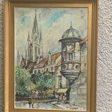 Painting signed J.Trillaut city scene framed vintage canvas 1969