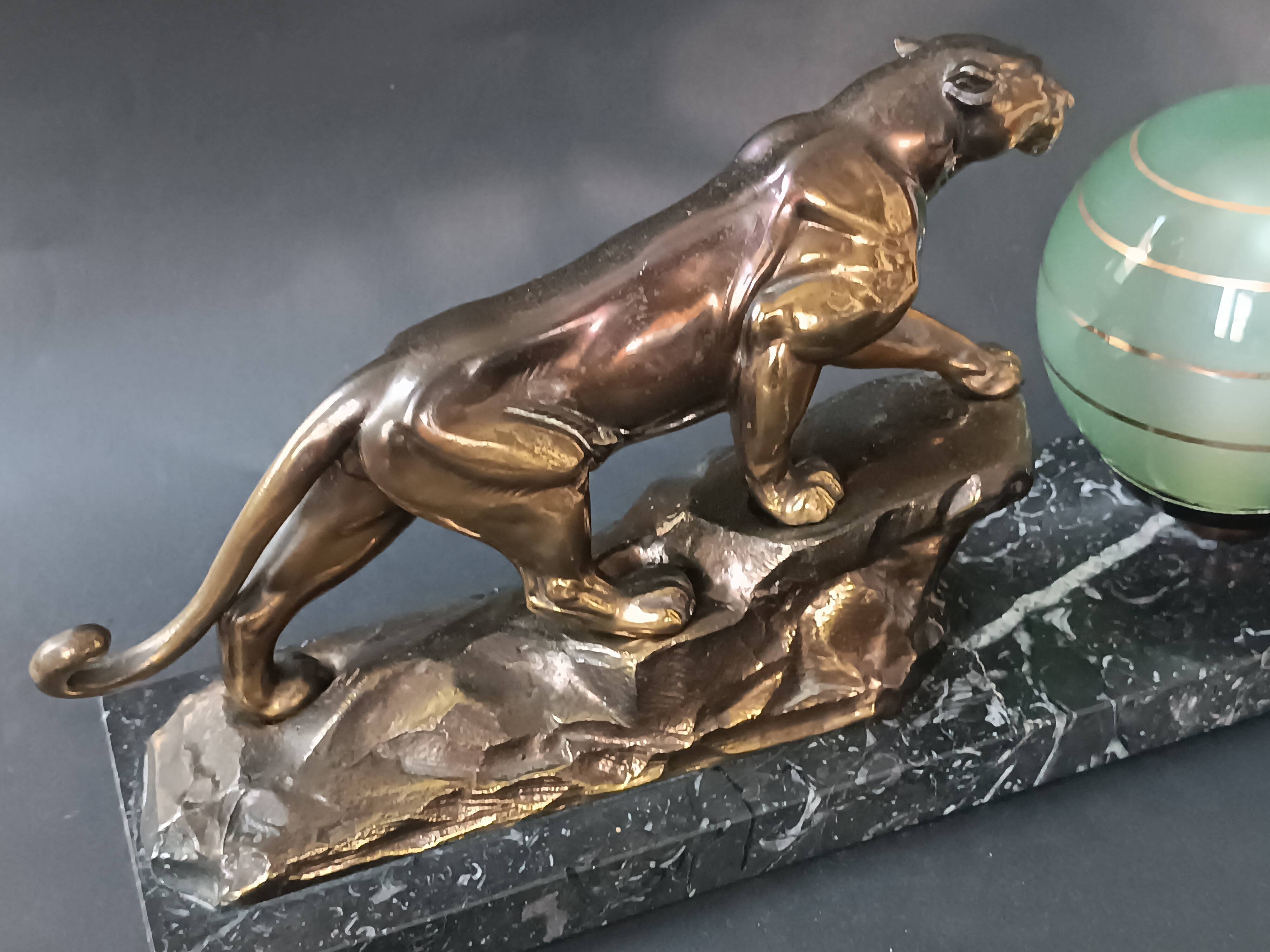 Panther desk lamp in spelter on a black and white marble base 1925