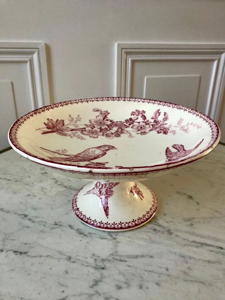 Compotier high in Terre de Fer Longwy model "Mésange" pink 1880 - XIXth