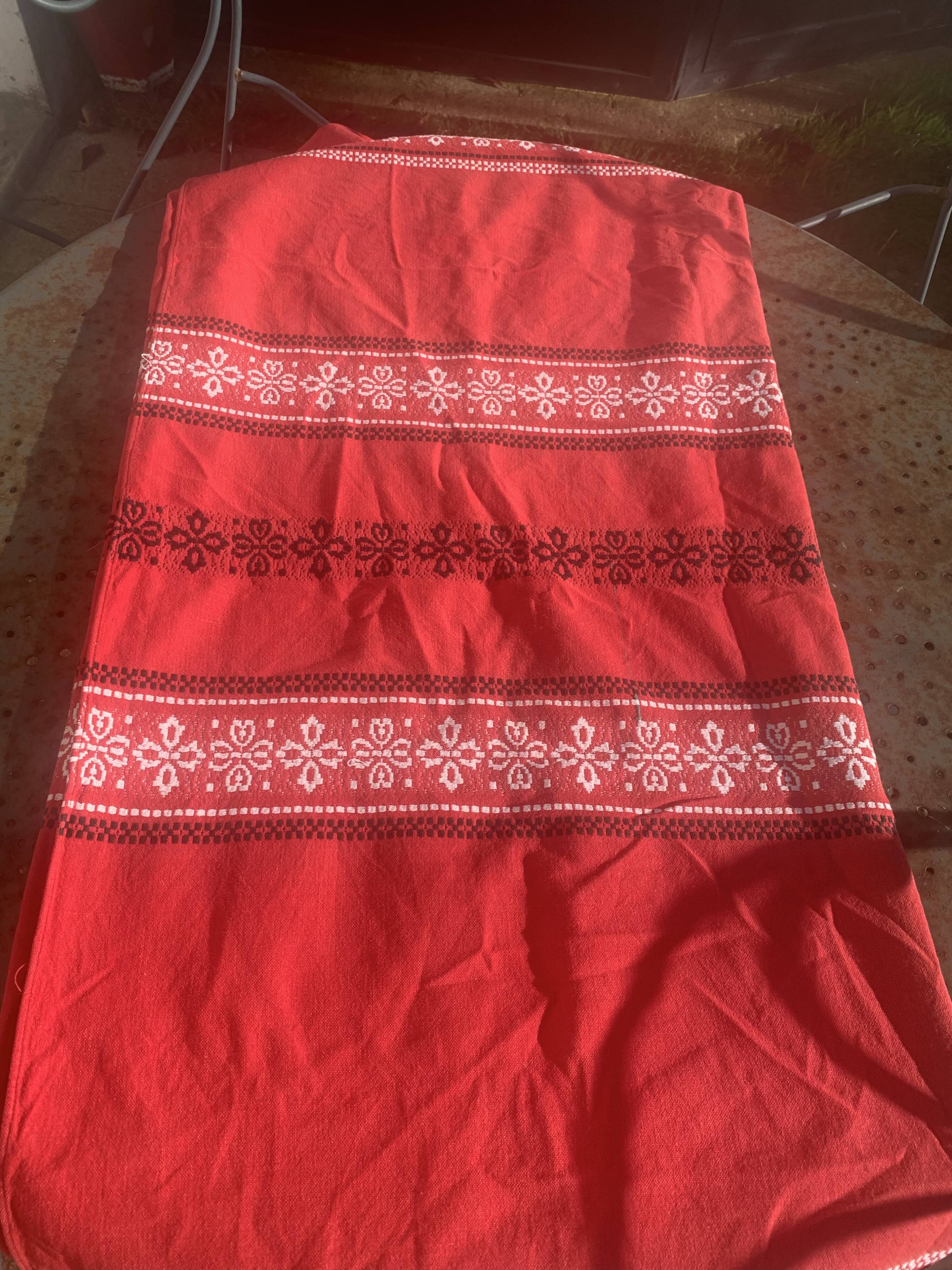 Rectangular tablecloth, Basque household linen in red cotton with black and white embroidery, vintage