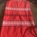 Rectangular tablecloth, Basque household linen in red cotton with black and white embroidery, vintage