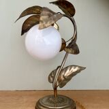 Vintage lamp with leaves in gilded brass and white opaline globe