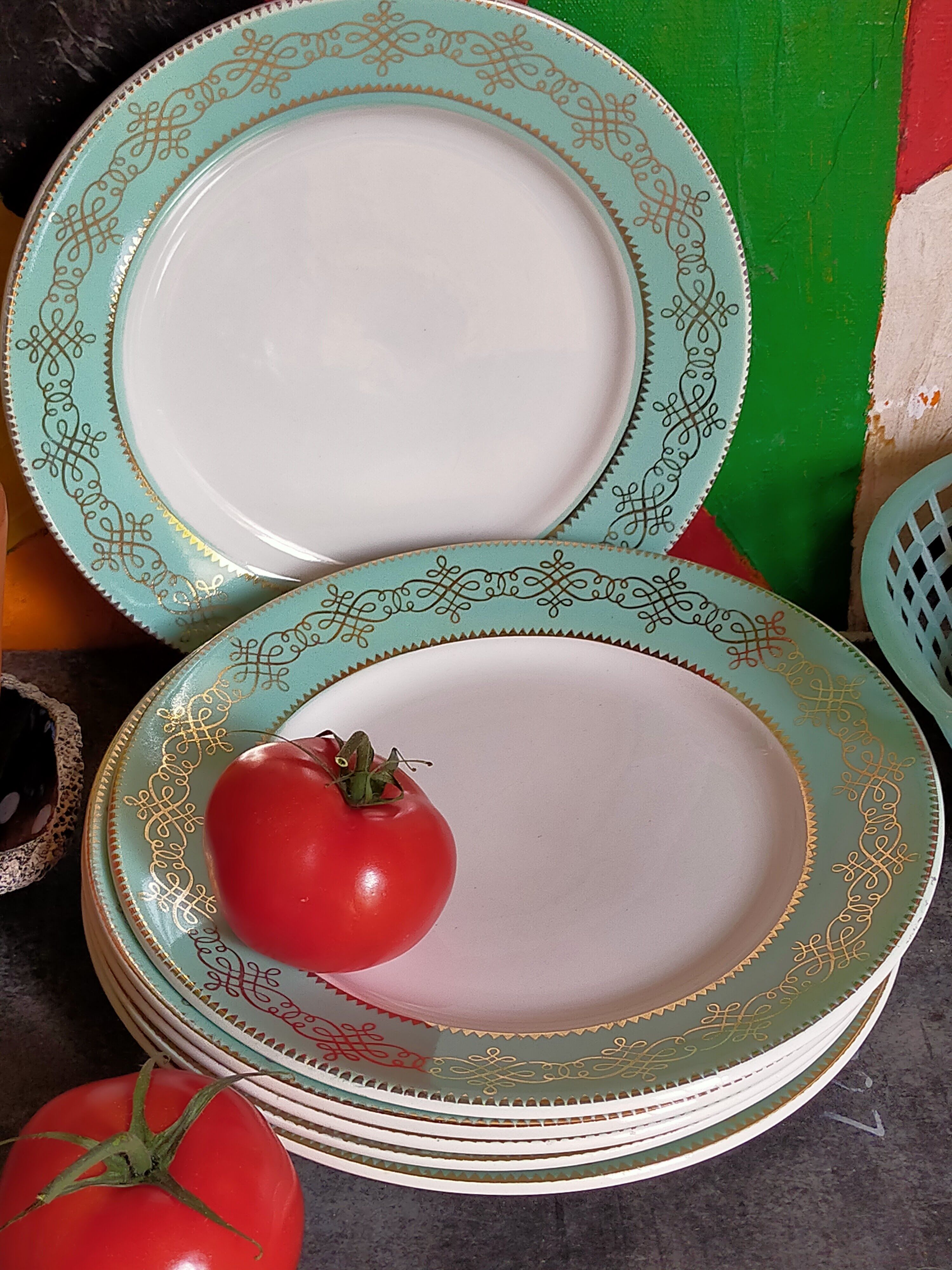 Six plates of vintage Badonviller earthenware with gold frieze