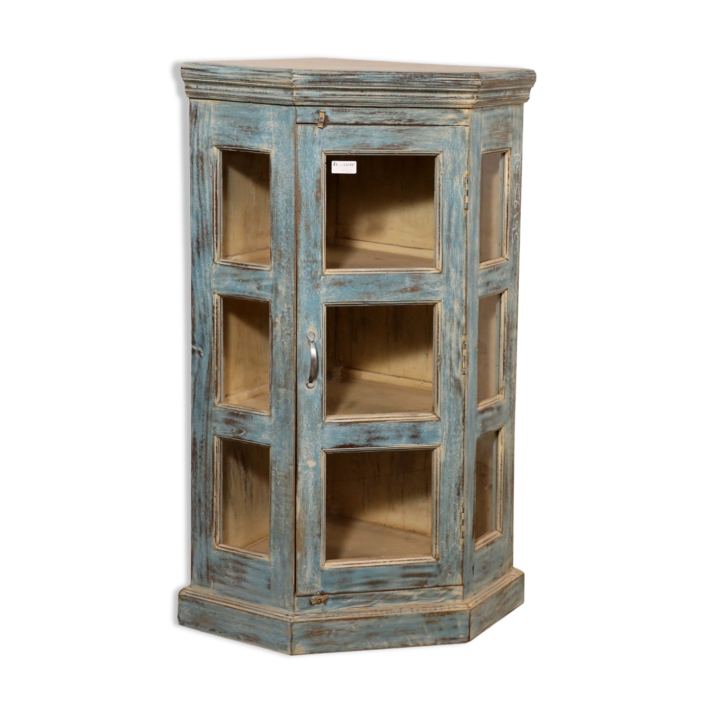 Teak glass notch with light blue patina