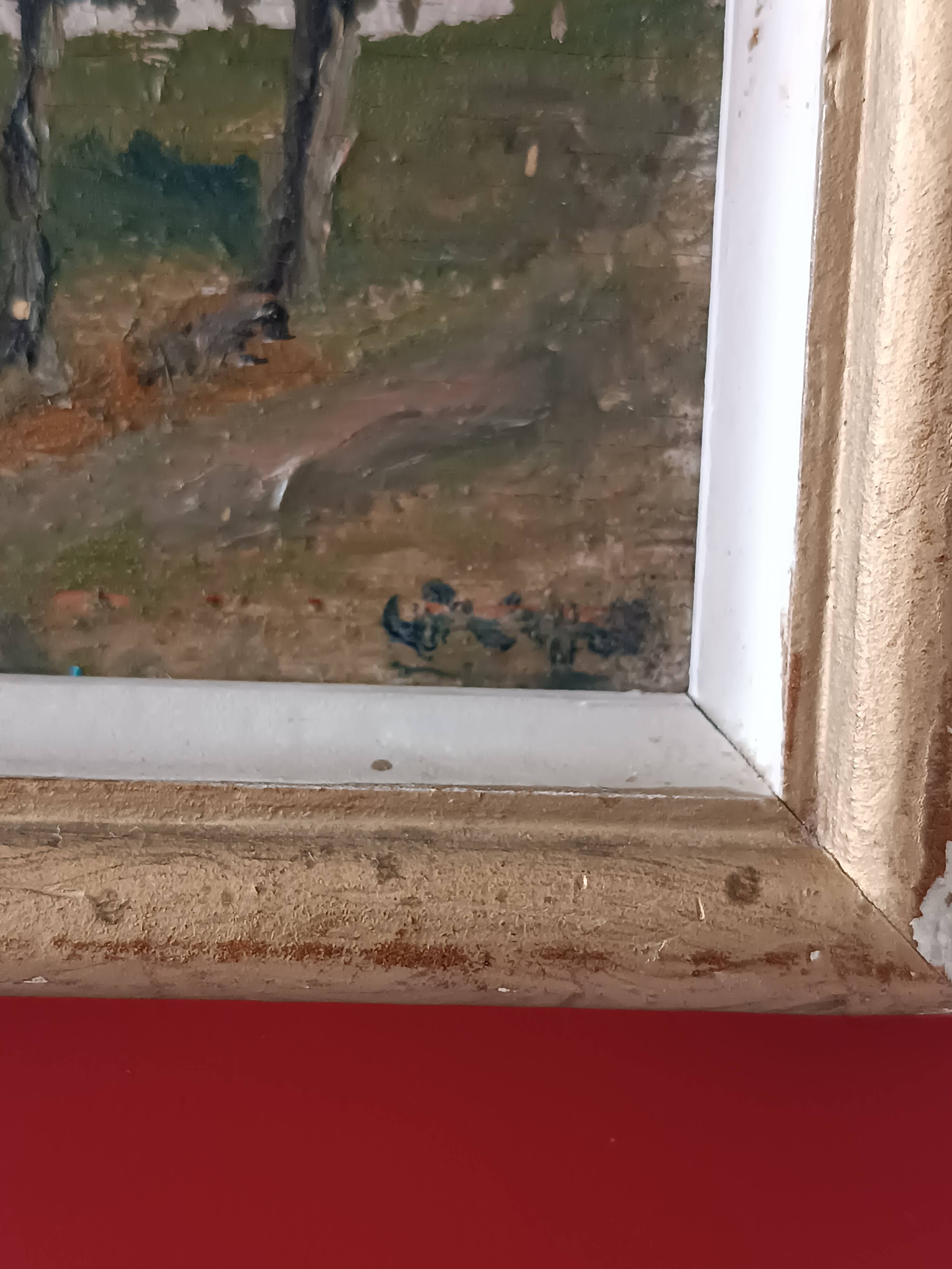 Framed oil on panel of an old countryside landscape.