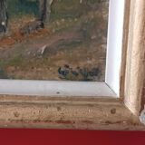 Framed oil on panel of an old countryside landscape.