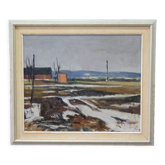 Peinture moderne suédoise, signée, 1955, huile sur panneau, encadrée