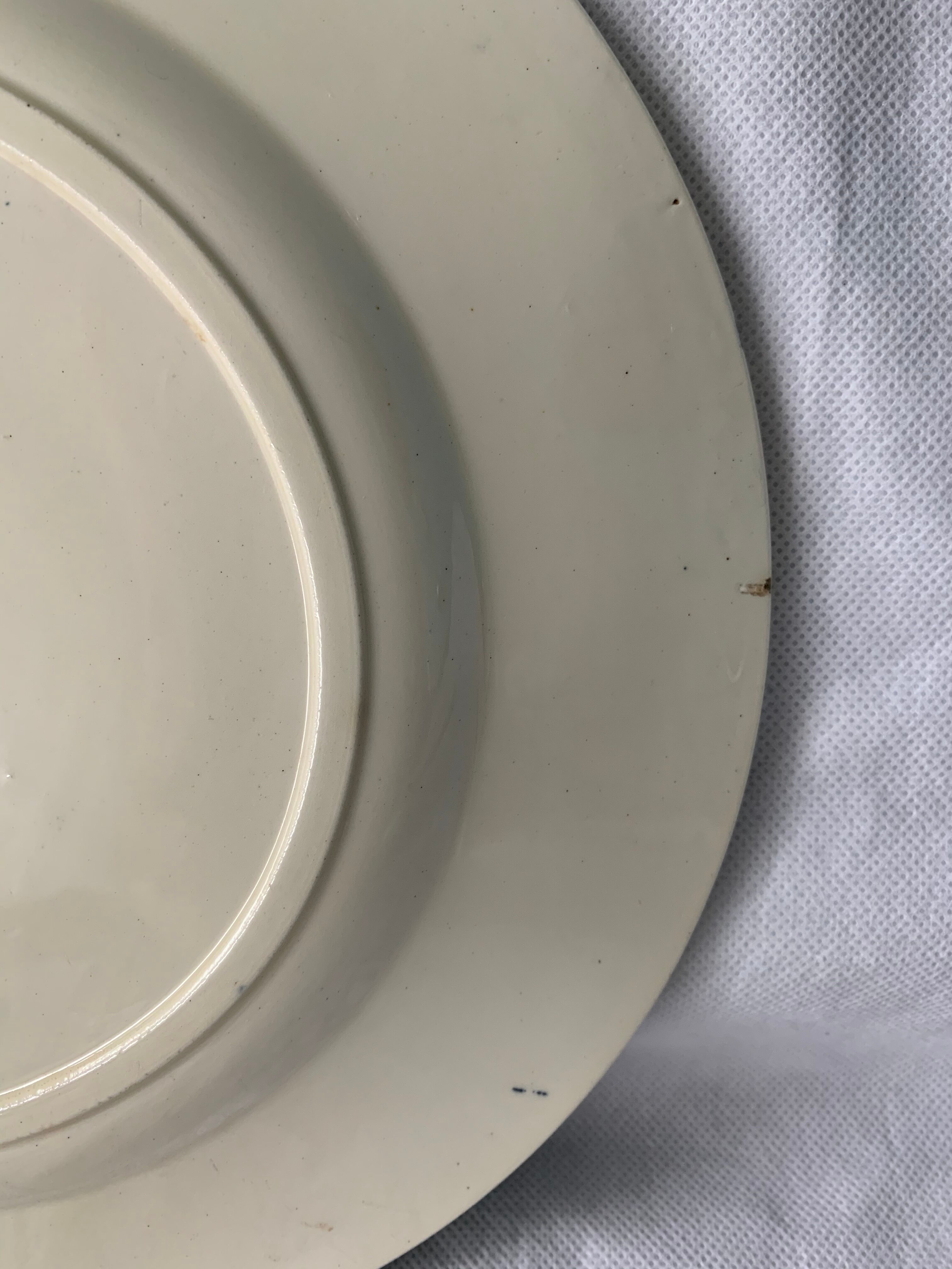 Lot of 12 old flat plates and 2 dishes, Terre de fer Henri II Salins