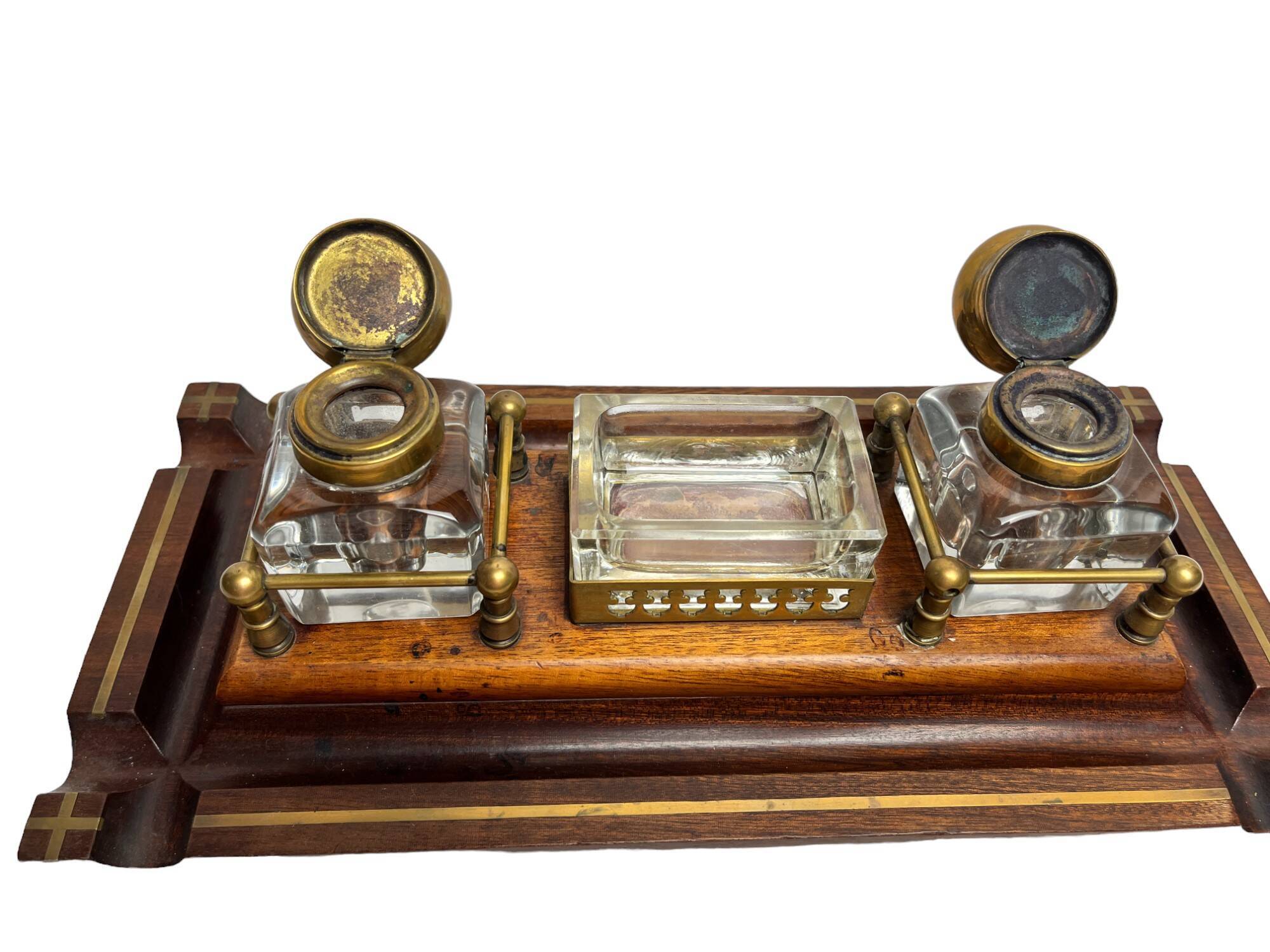Desk inkwell in molded wood, brass and crystal, late 19th century