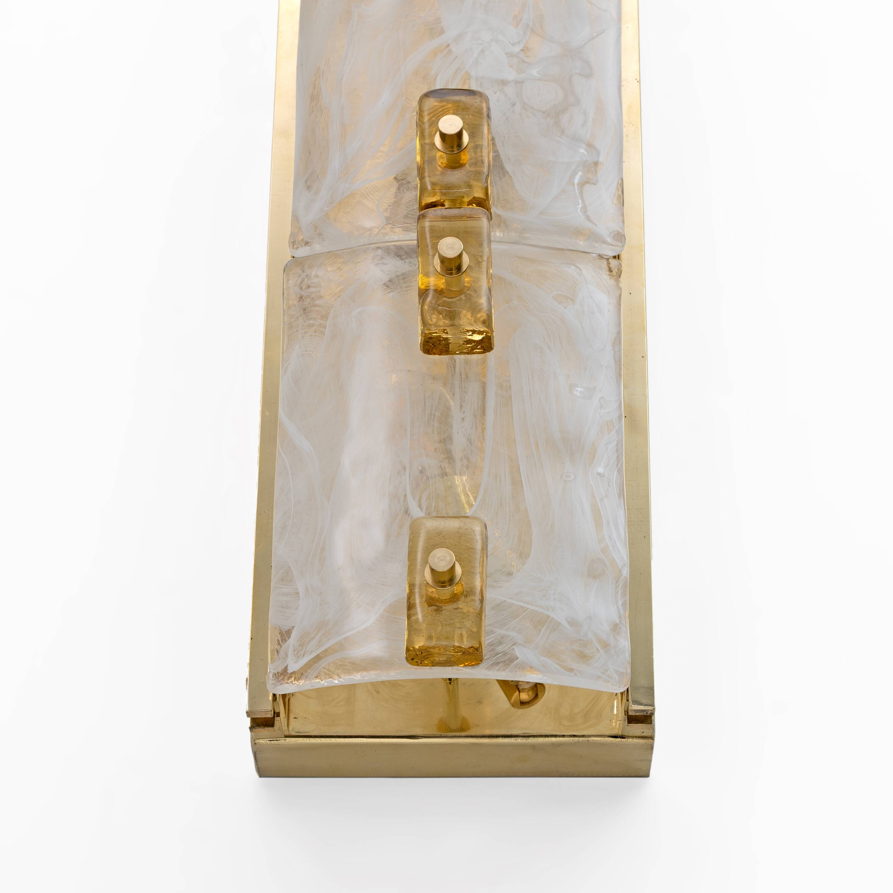 Pair of Modern Sconces in Brass and Milk White Murano Glass and Amber Glass