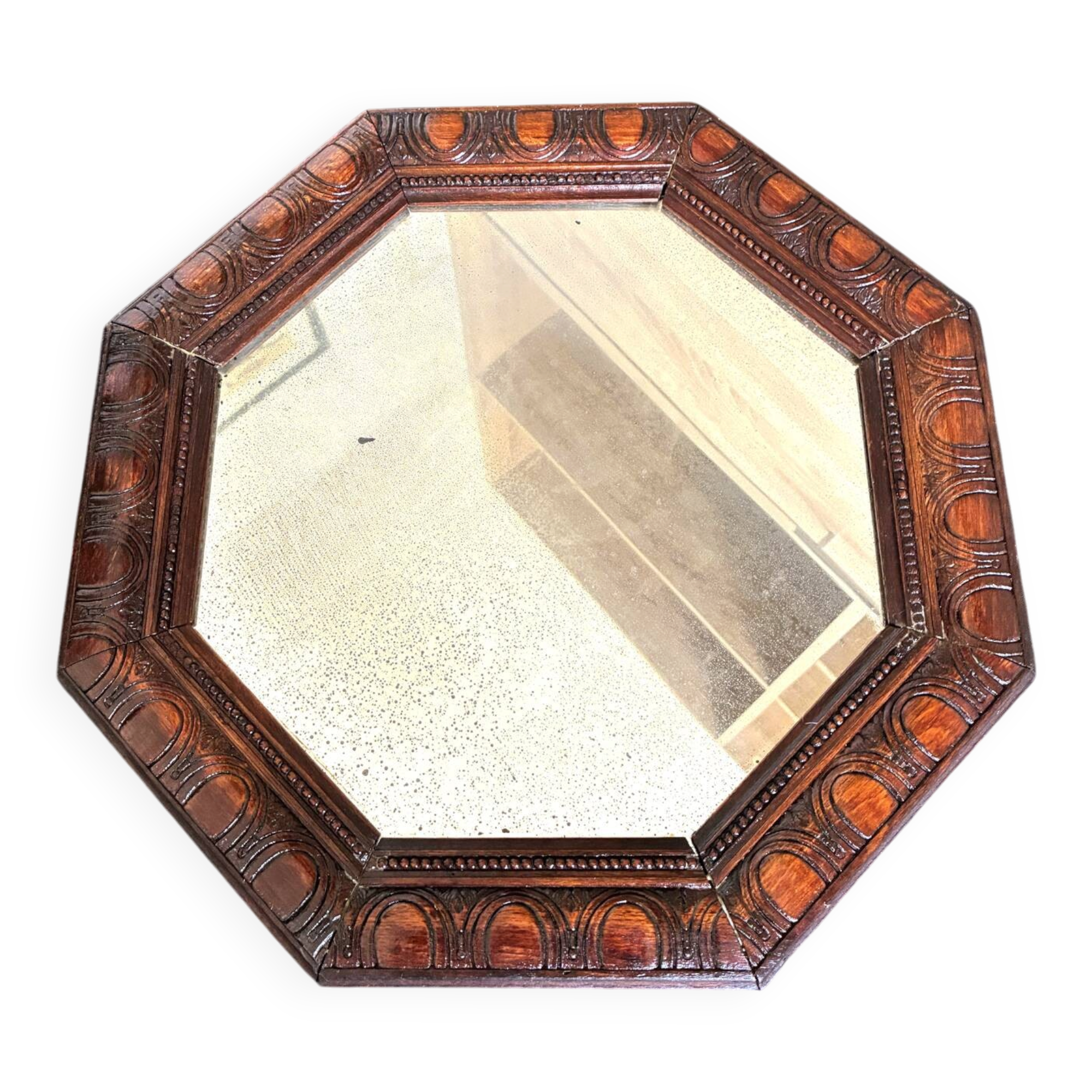 Octagonal mirror, glossy varnished oak, Art Deco.