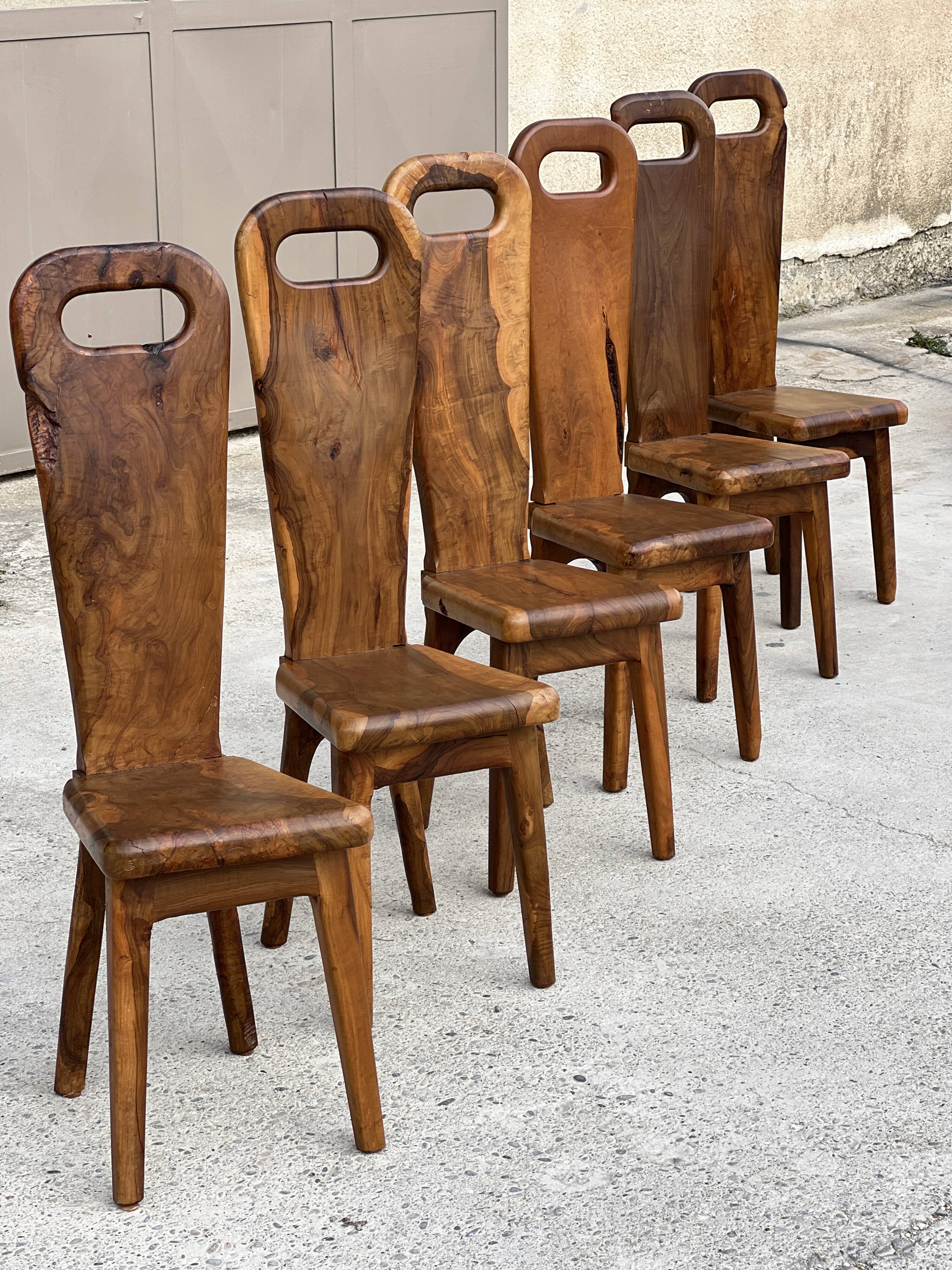Sculptural high-back chairs in solid olive wood from the 1960s, set of 6.
