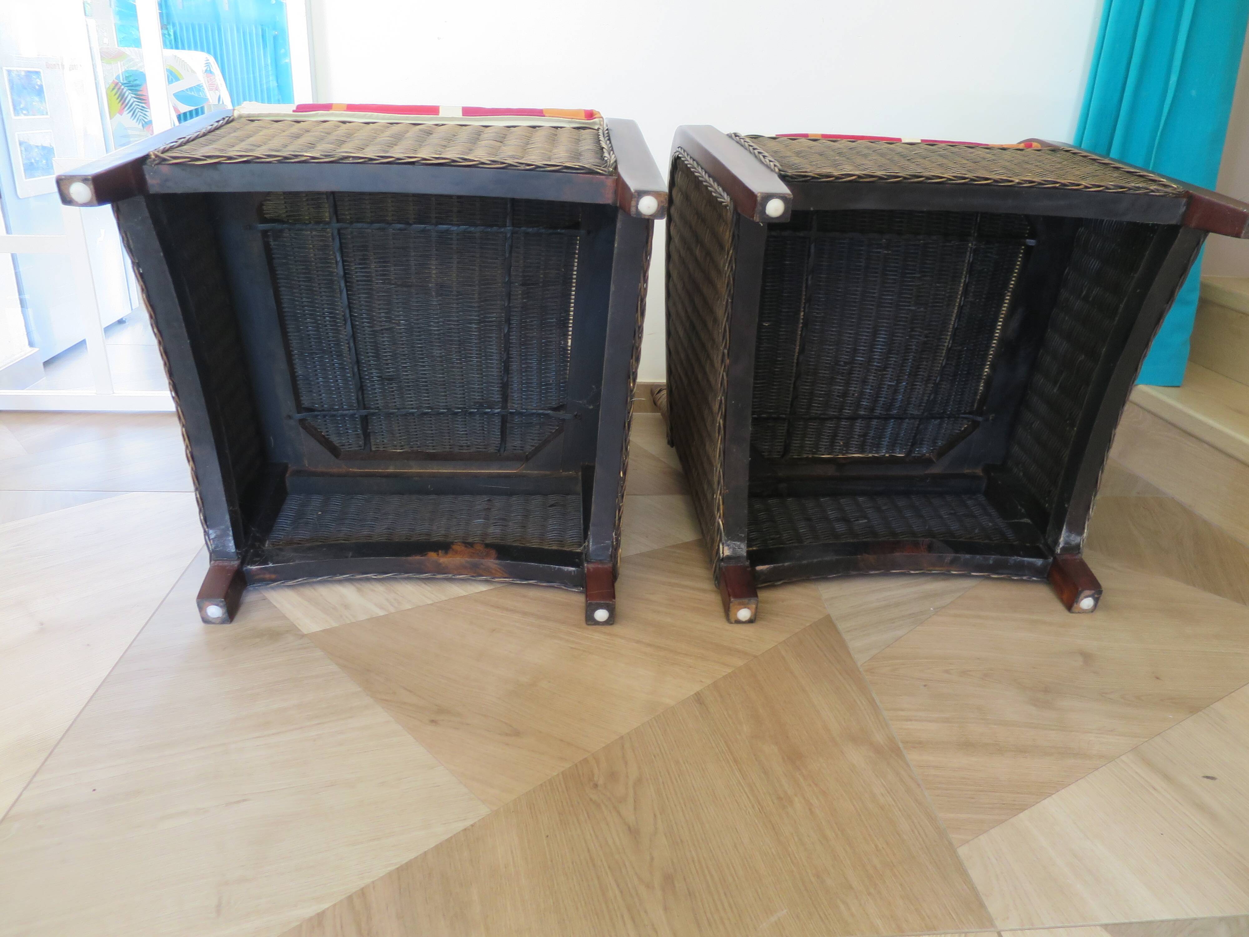 2 armchairs in woven rattan and wood, 1980s
