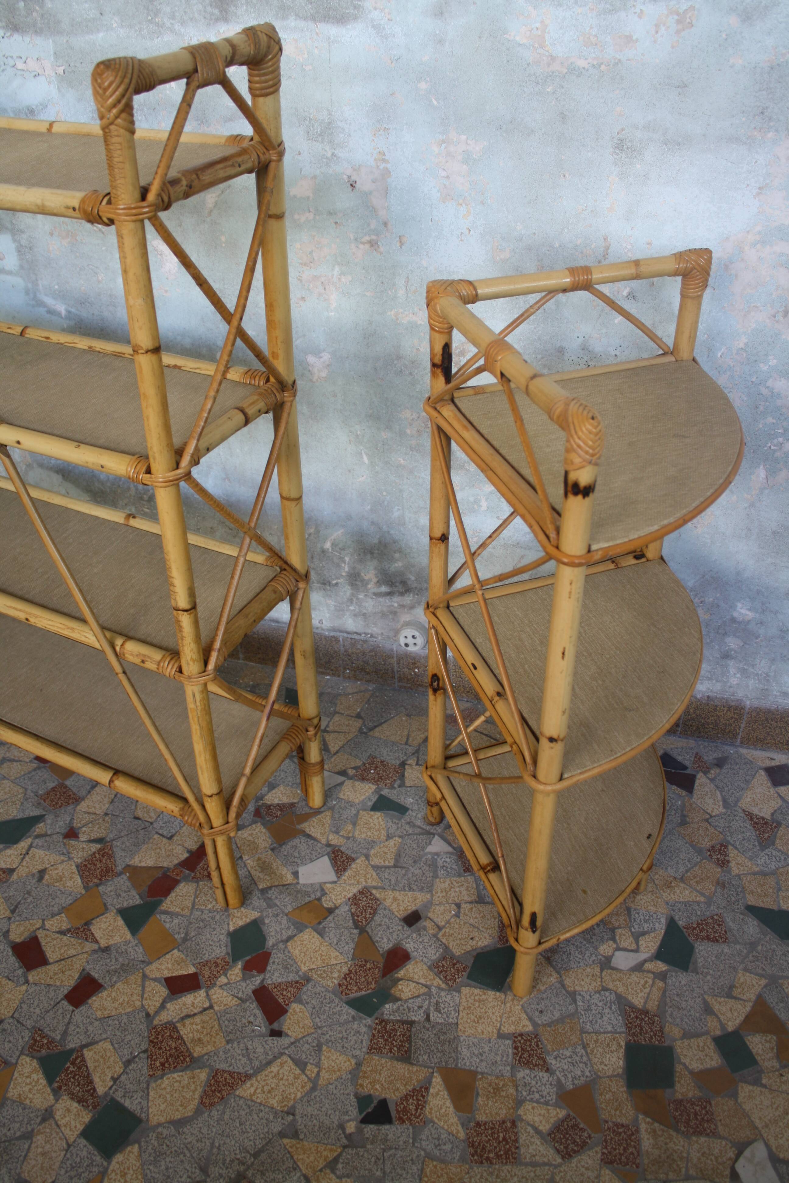 Pair of rattan shelves including a corner shelf
