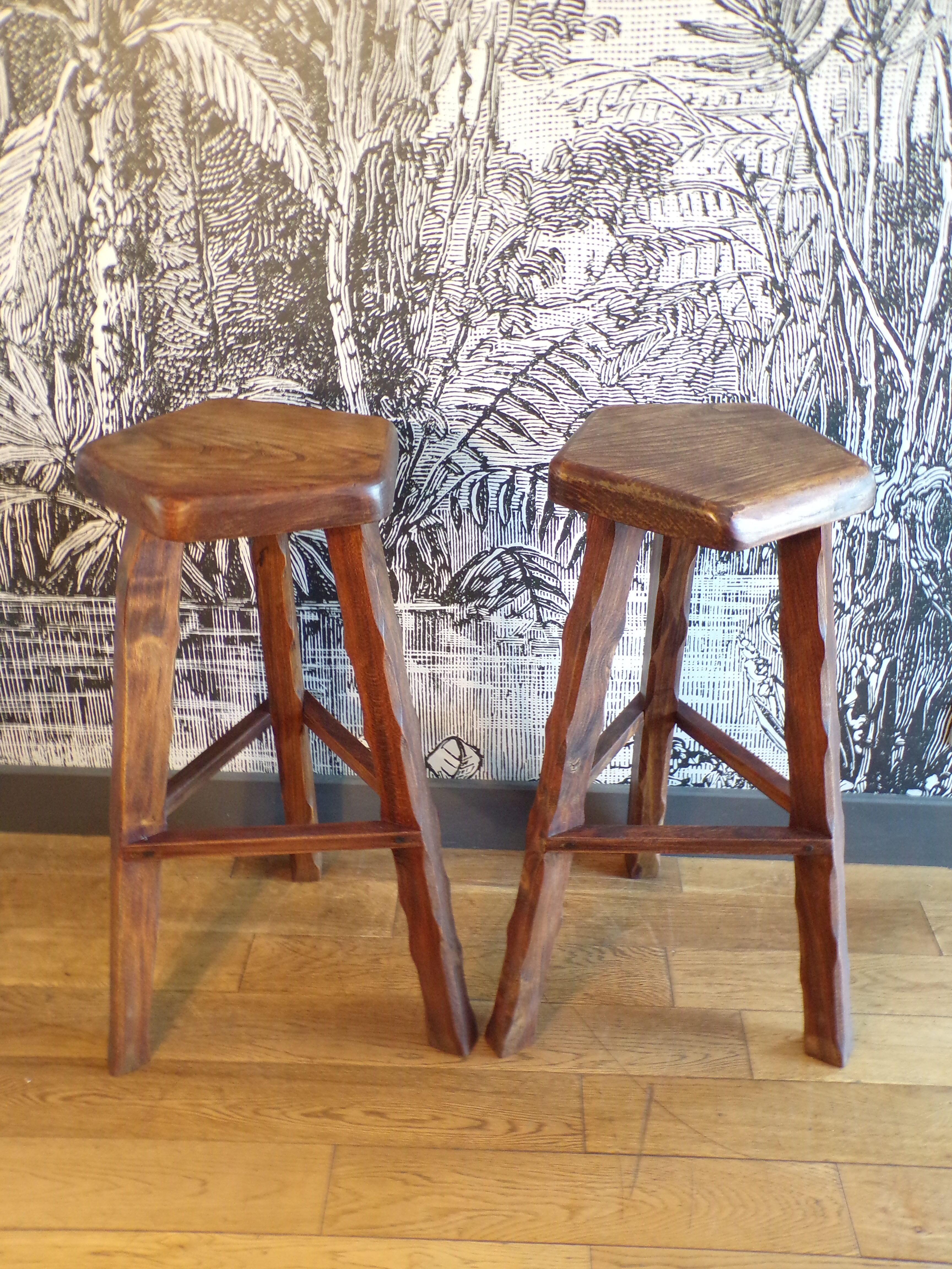 Pair of brutalist high stools in elm