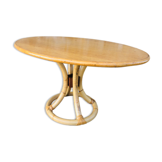 Table basse vintage en bois clair et bambou, circa 60