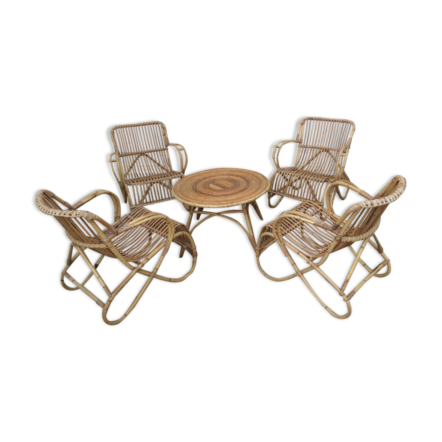 Lounge or garden table and 4 vintage wicker and rattan chairs 60s