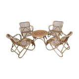 Lounge or garden table and 4 vintage wicker and rattan chairs 60s