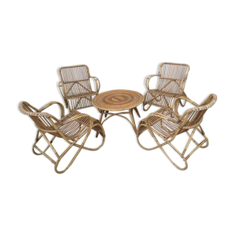 Lounge or garden table and 4 vintage wicker and rattan chairs 60s