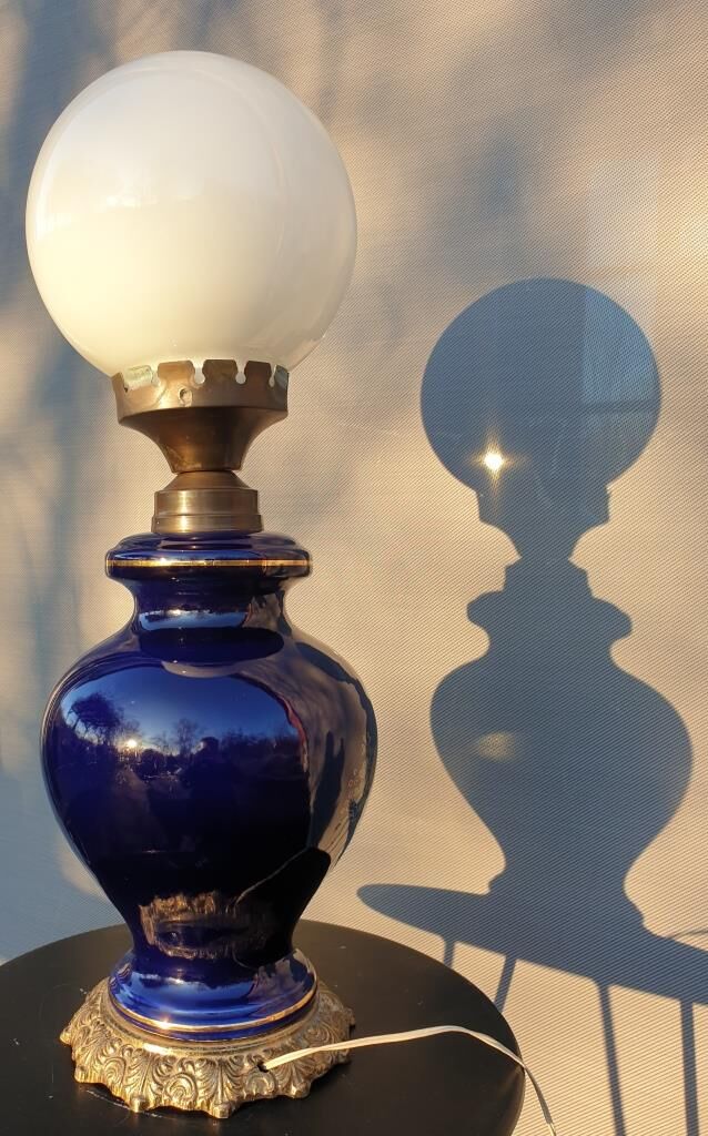 Ceramic lamp birds lyres on midnight blue background Napoleon III