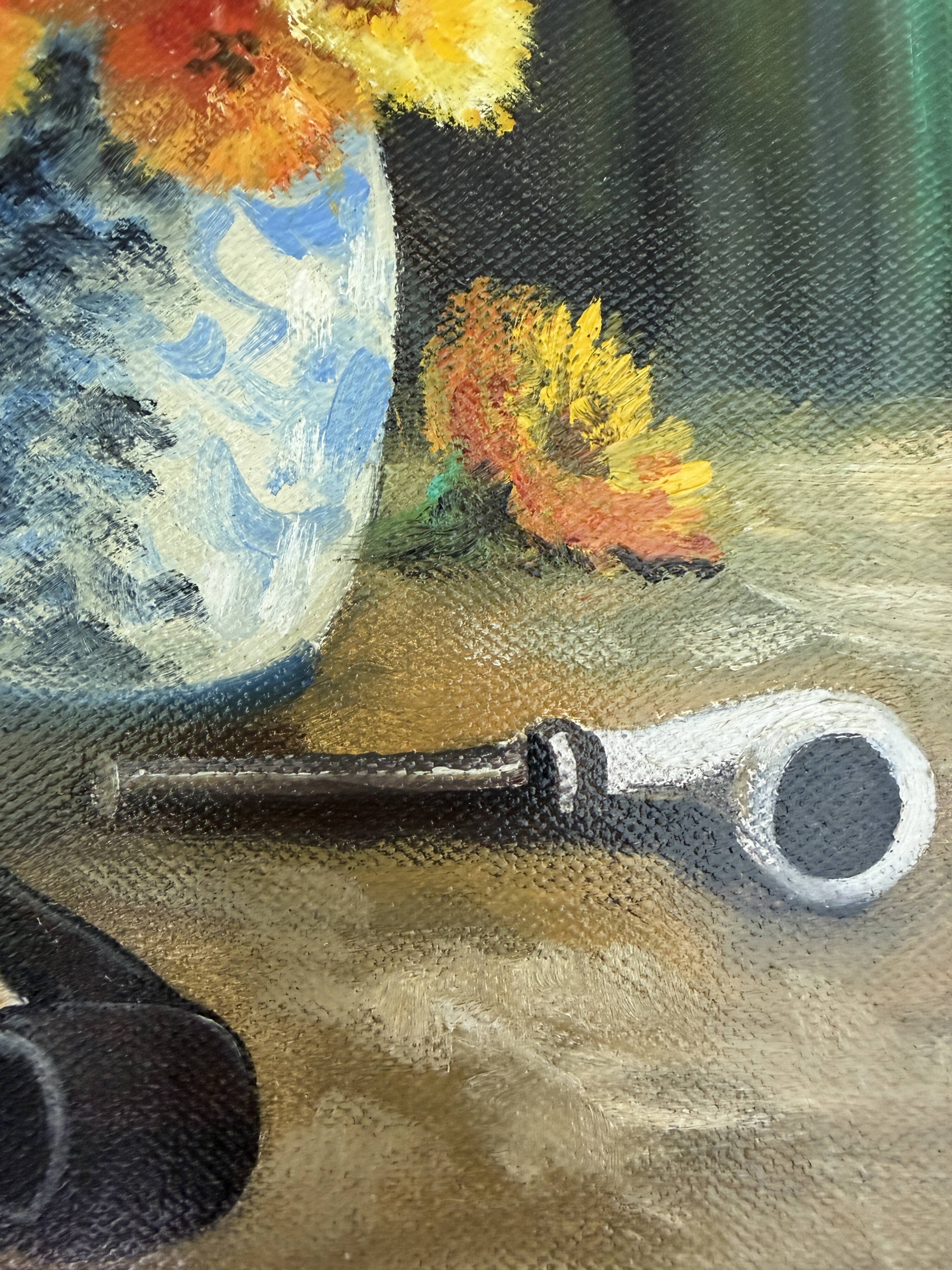 Vintage still life with flowers and pipes – Oil on canvas signed C. Riella