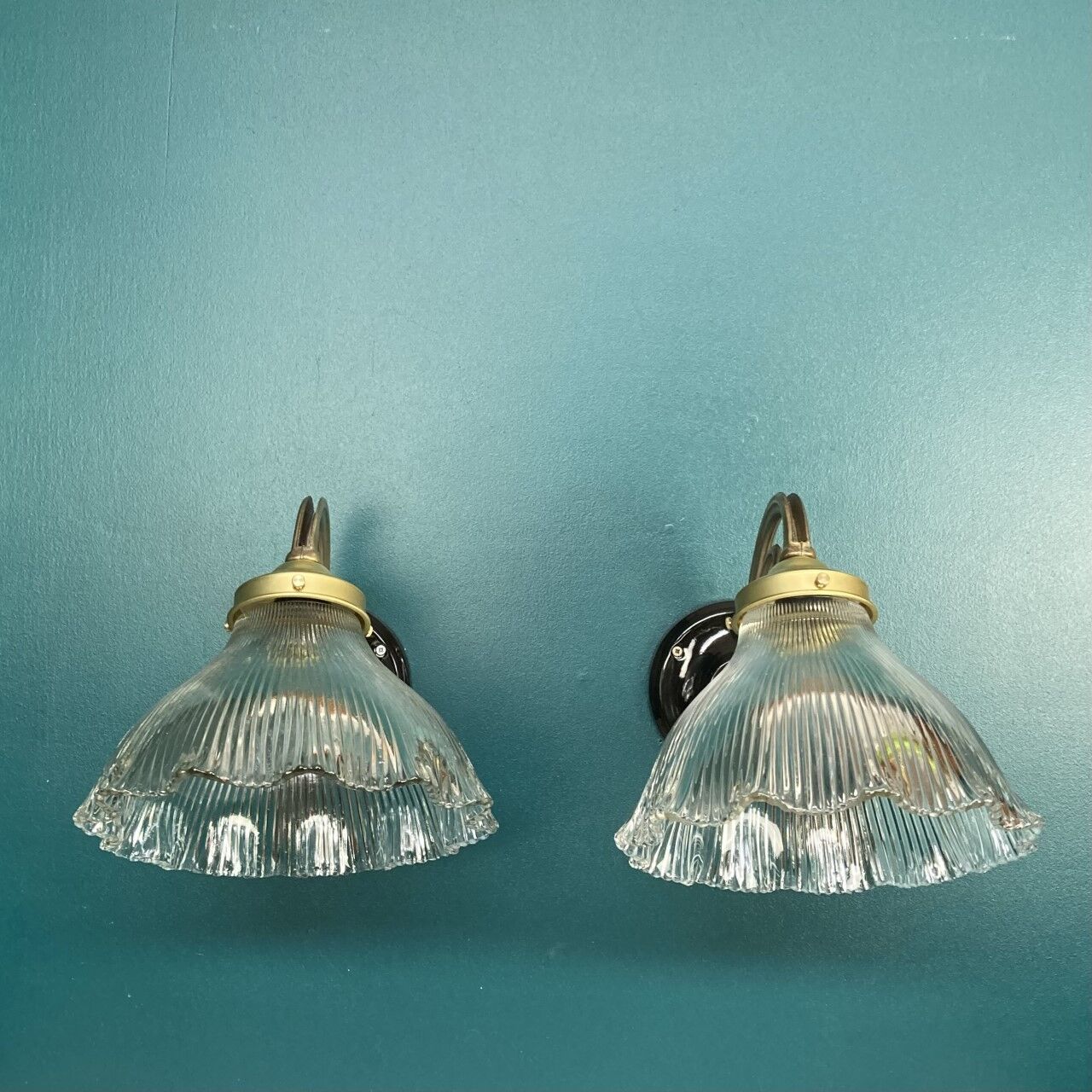 Pair brass wall lamps and holophane glass tulips porcelain rosette
