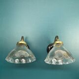Pair brass wall lamps and holophane glass tulips porcelain rosette