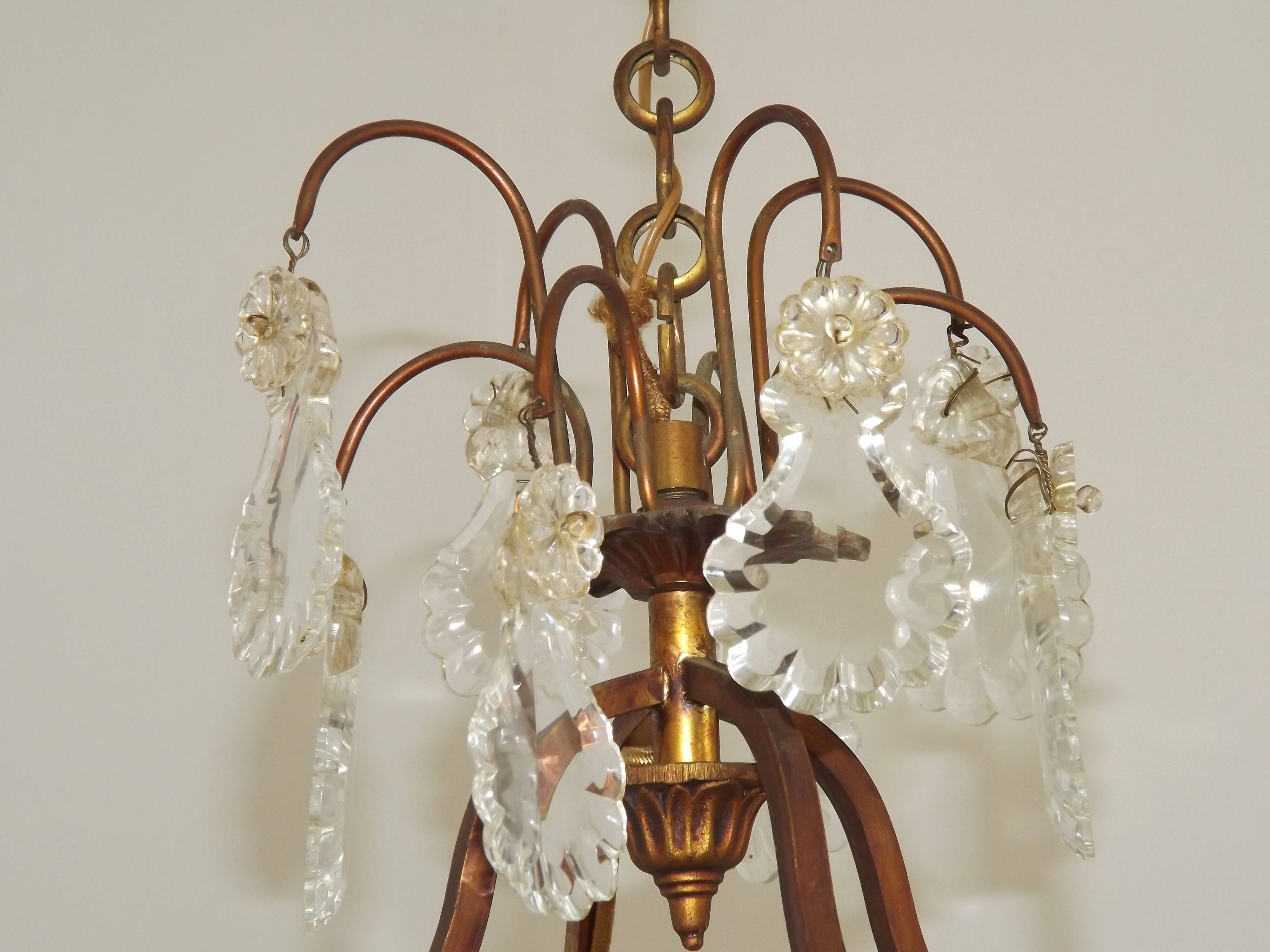 1940s French Vintage Bronze Glass and Crystal 4 Light Chandelier 4679