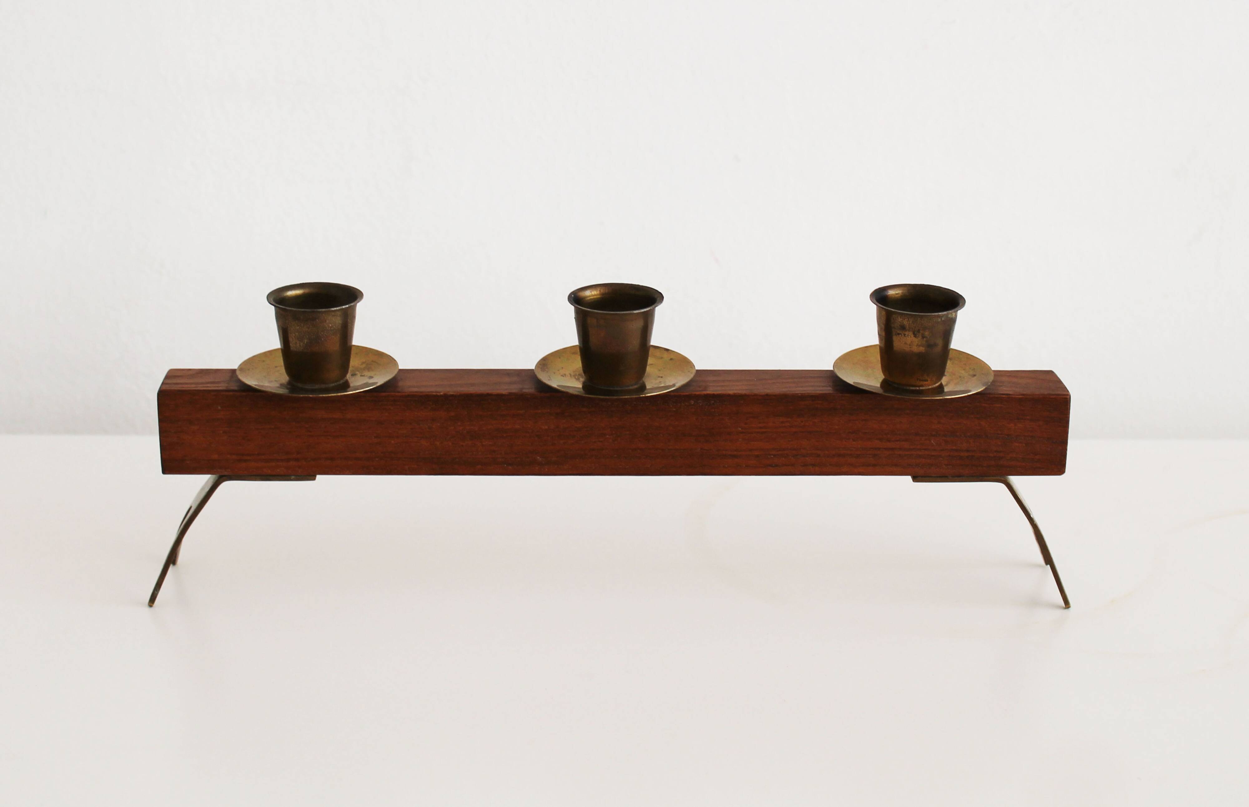 1960s Sculptural Wooden & Brass Candleholder