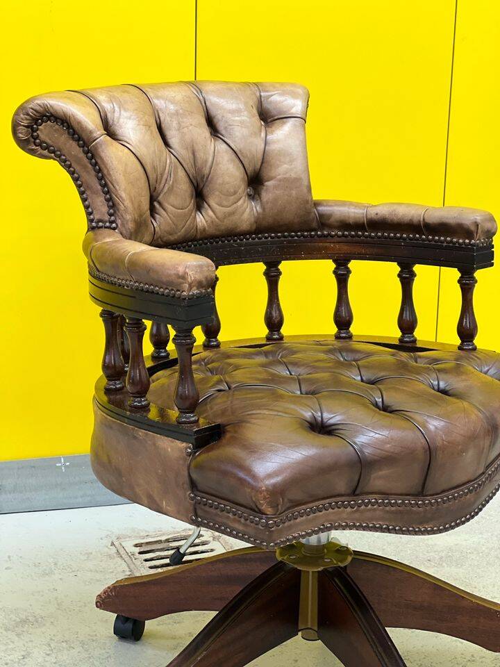 Vintage Chesterfield Revolving Captain's Chair with Brow Leather Upholstery