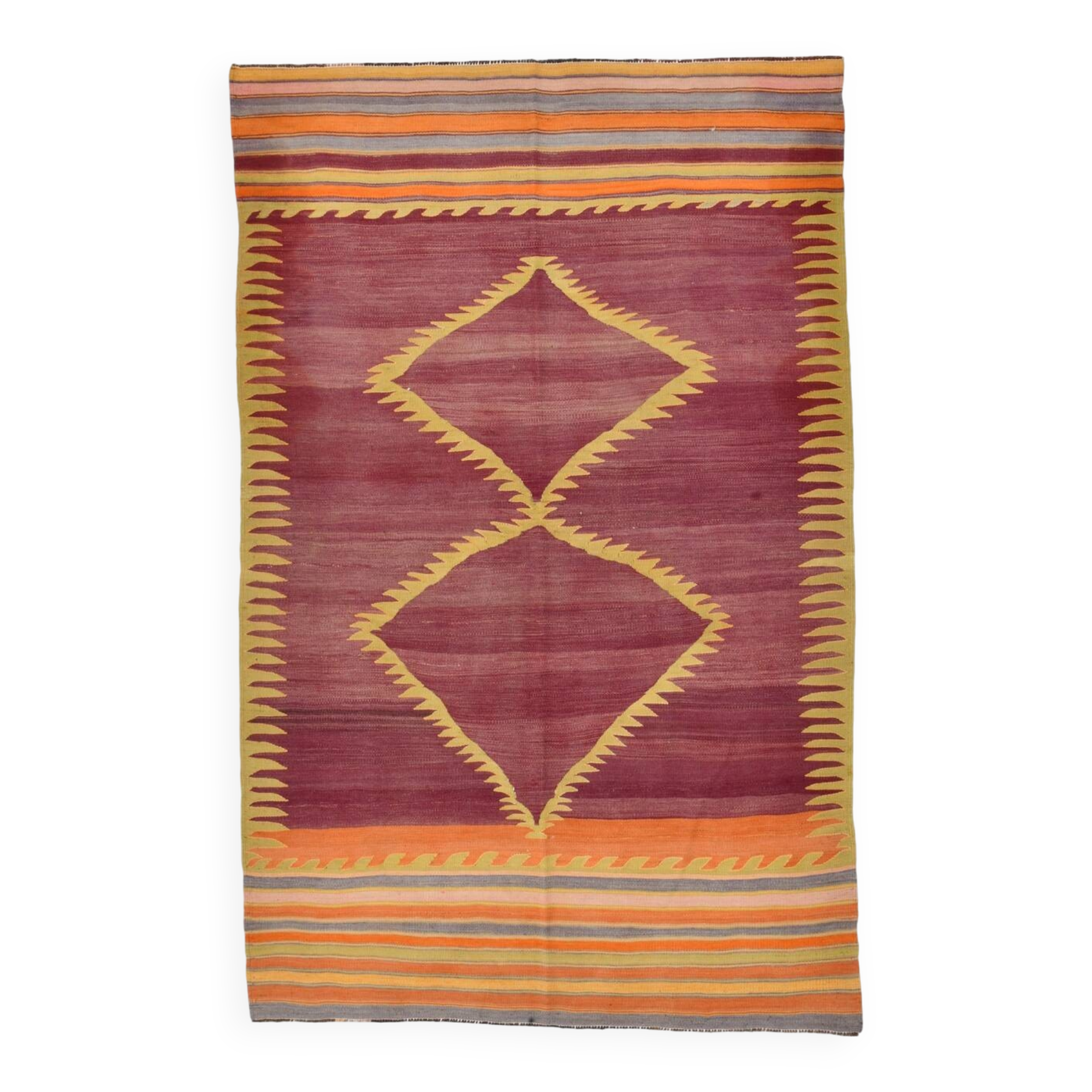 Wine Red & Orange Mid Century Modern Wool Kilim Rug, 153x239 Cm