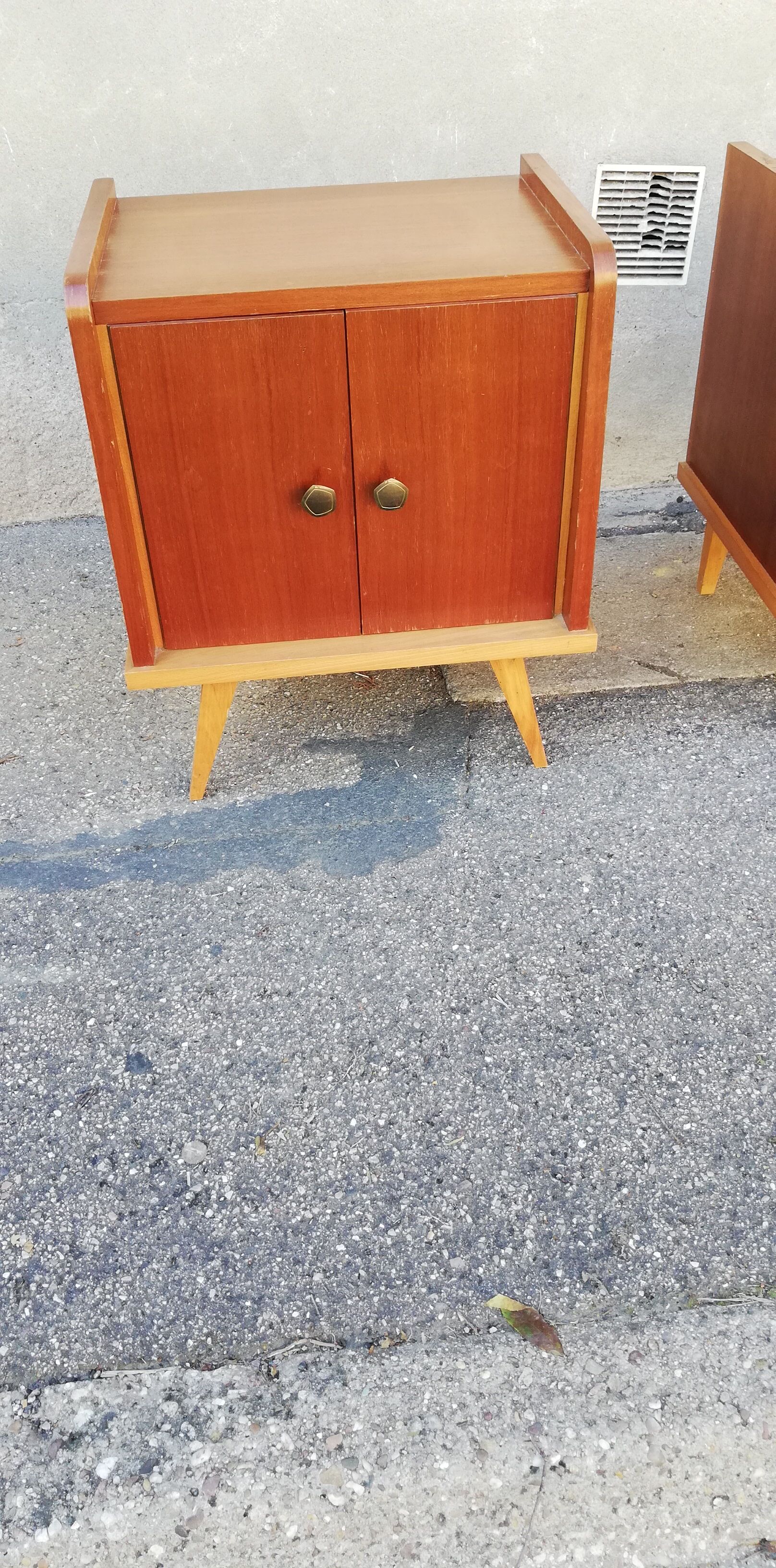 Pair of vintage wooden bedside tables 2 tones
