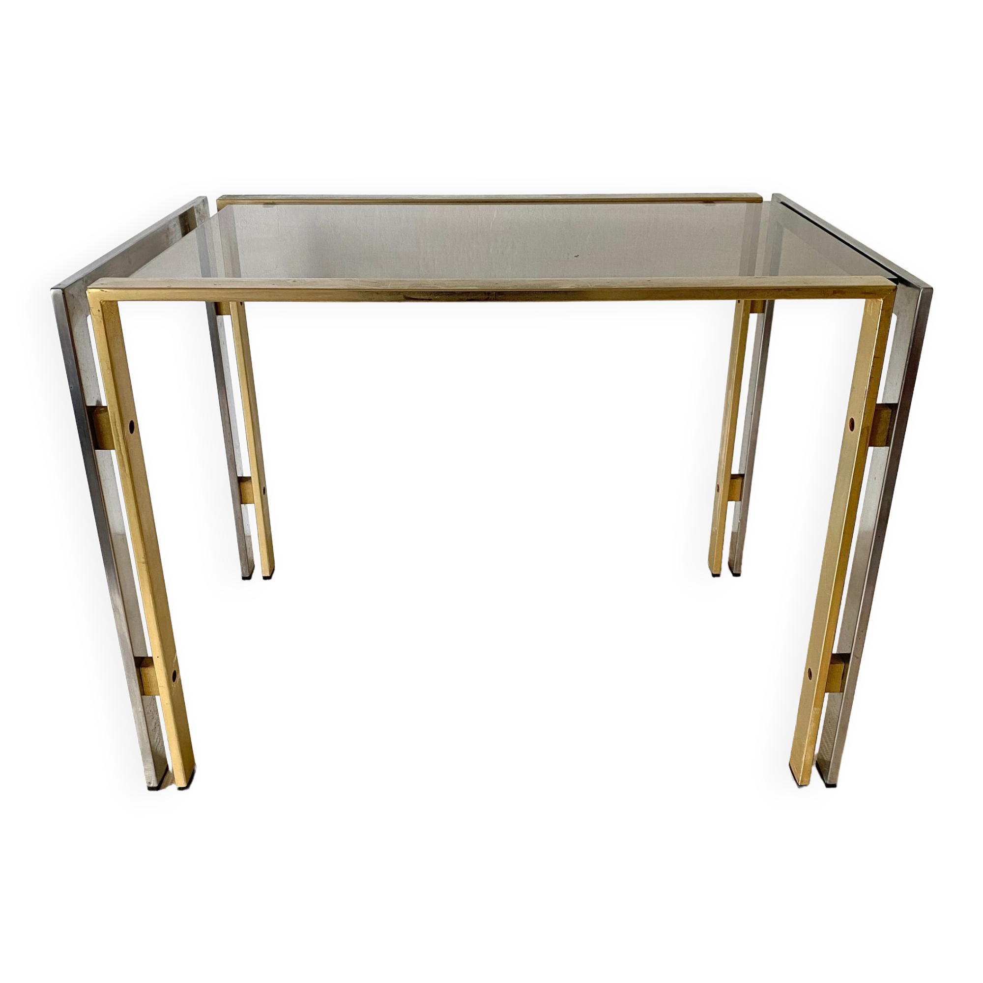 Side table, end of sofa in smoked glass and metal, 70s.