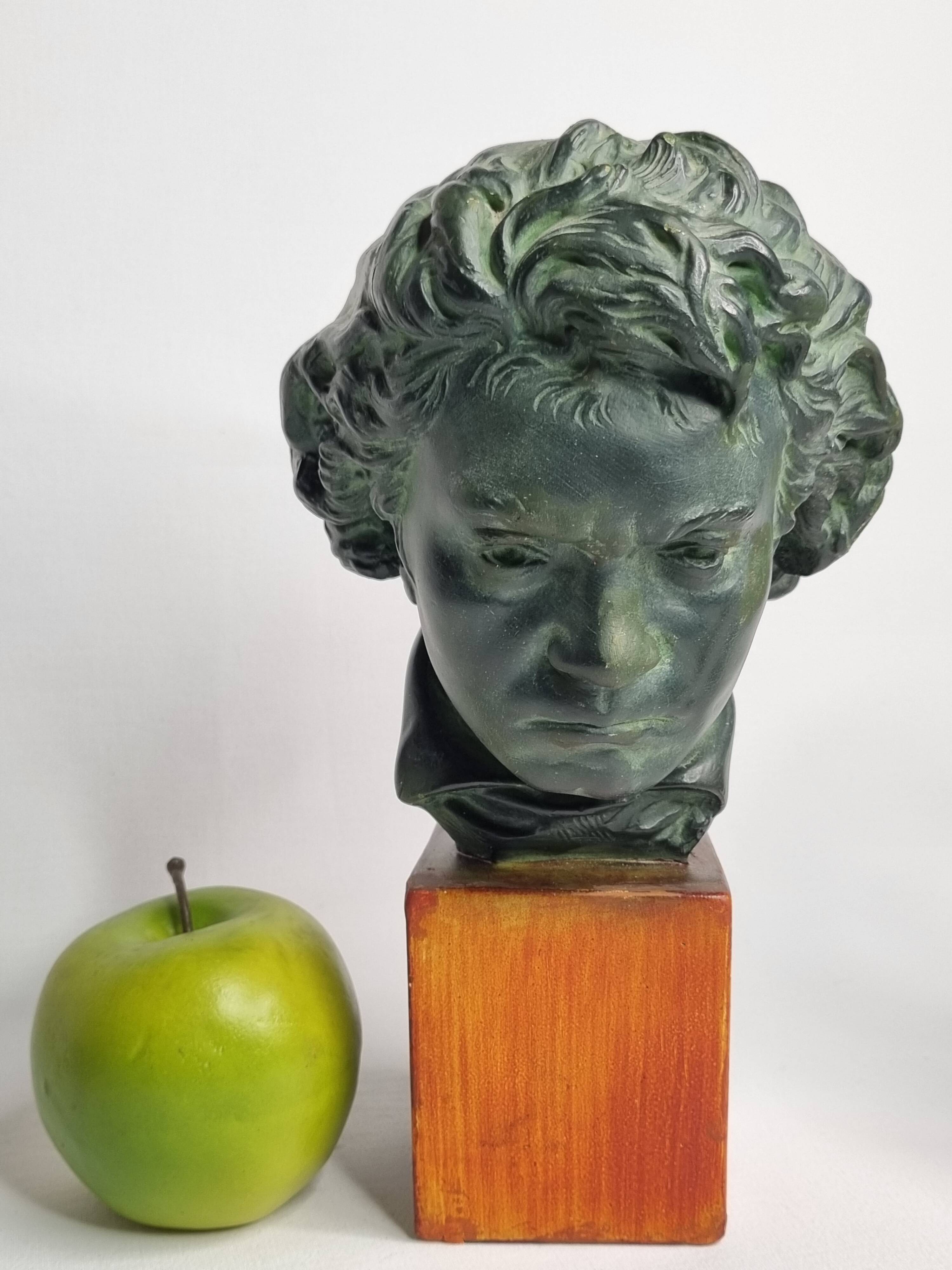 Plaster bust of Beethoven with bronze patina, signed, 27 cm