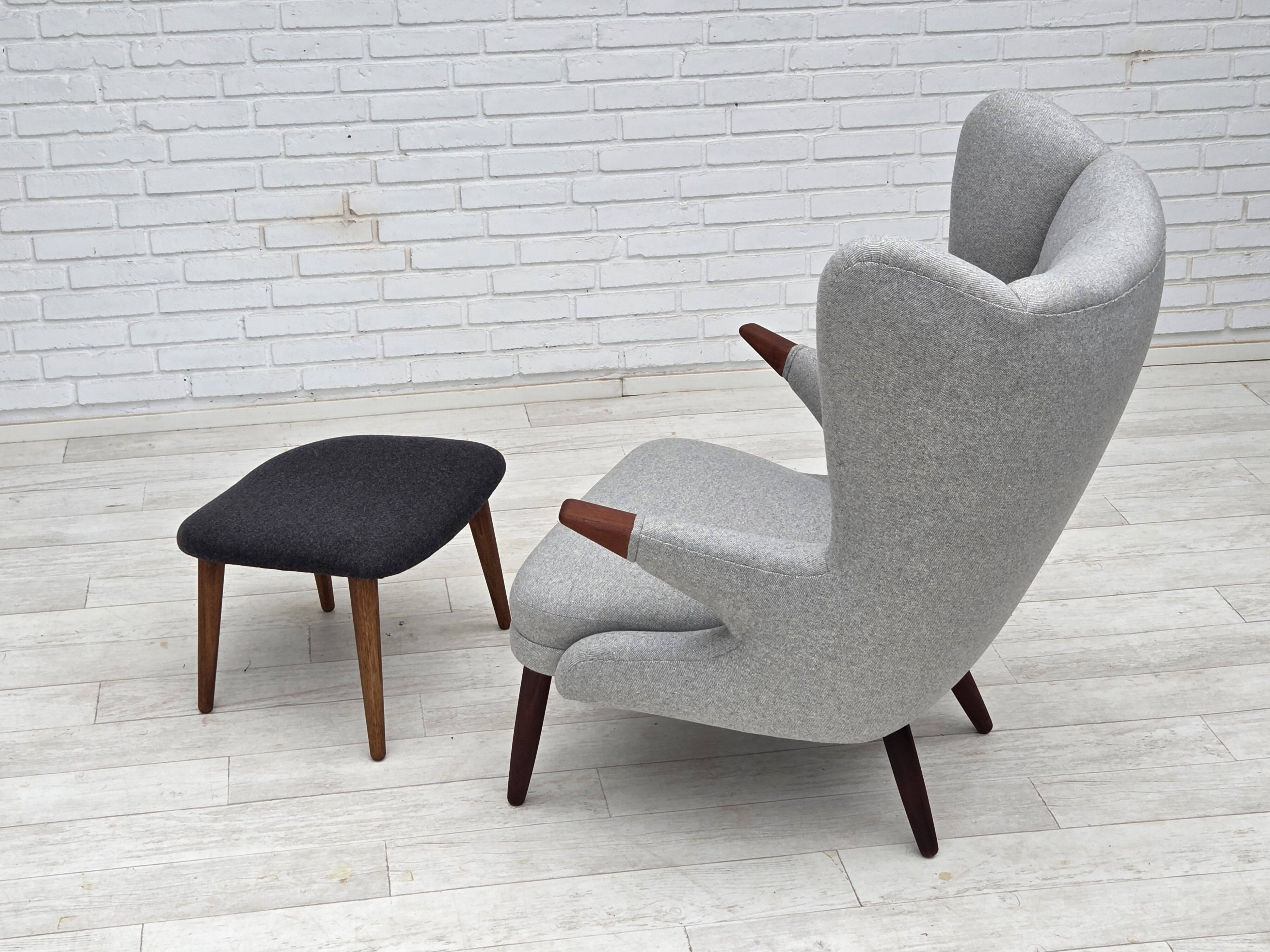 1960s, Danish "Teddy chair" with stool, reupholstered, wool, teak wood.