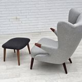 1960s, Danish "Teddy chair" with stool, reupholstered, wool, teak wood.