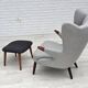 1960s, Danish "Teddy chair" with stool, reupholstered, wool, teak wood.